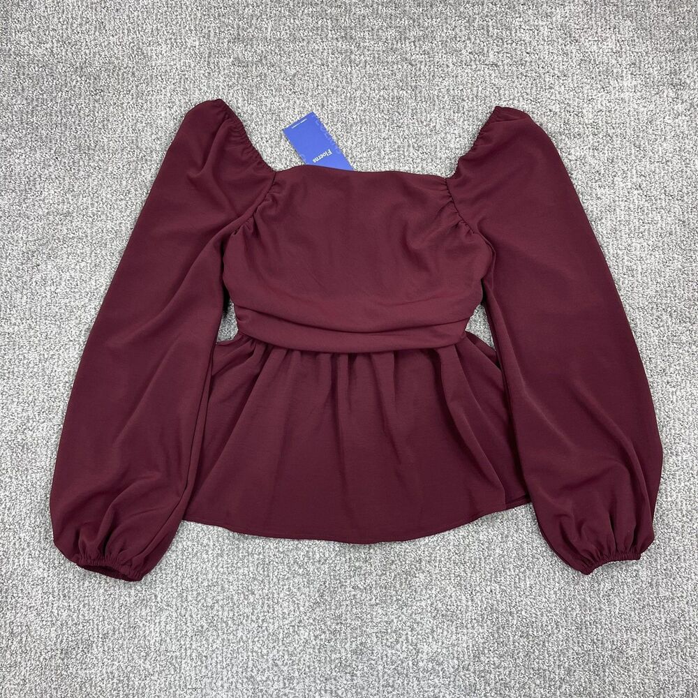 Floerns Top Womens Small Square Neck Smocked Peplum Balloon Sleeve Burgundy Red